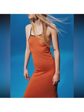 Zara Sleeveless Orange Jacquard Knit Slip Dress
